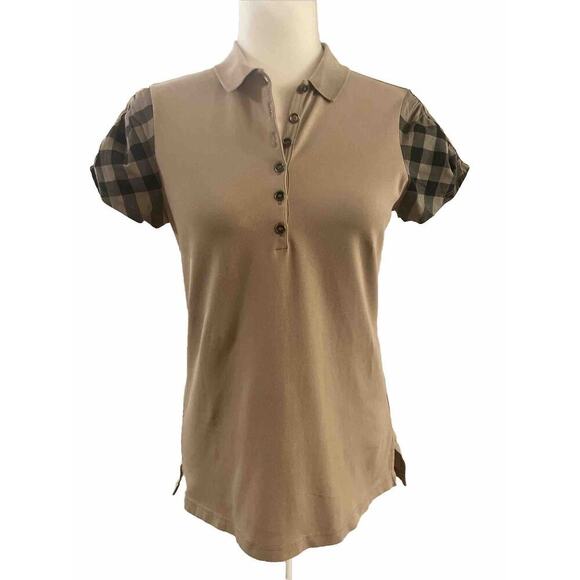 Burberry Brit Short Sleeve Polo Check Puff Sleeve Shirt Women M T-Shirt Logo Top - Picture 1 of 12